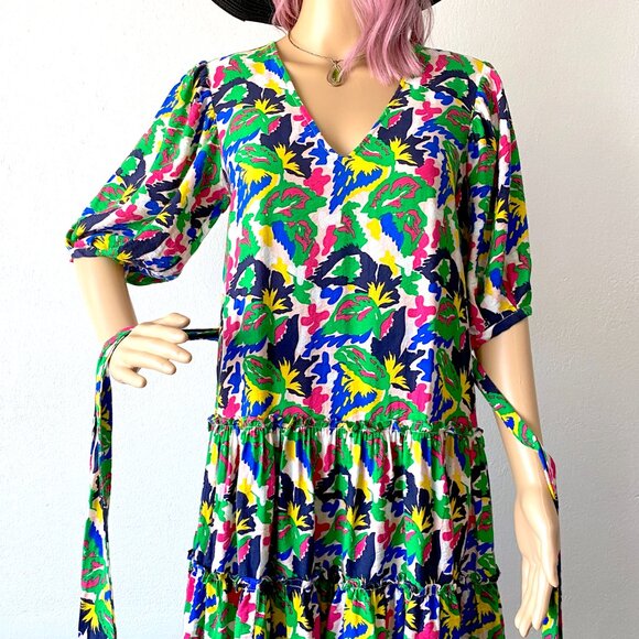 XS Summer Dress Ruffled Tiered Skirt Puffed Sleeves Colorful Abstract Botanical - Picture 6 of 9